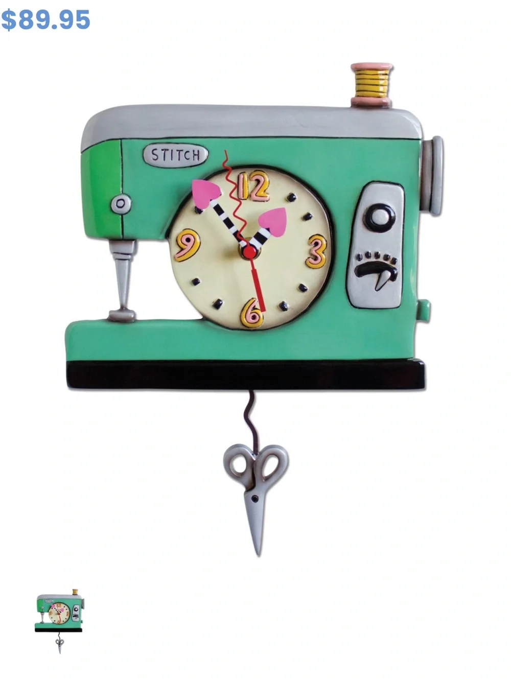 Mint Sewing Machine Wall Clock with Pink Accents